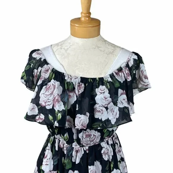 Lucy Paris Off the Shoulder Floral Dress Black L - Picture 2 of 10